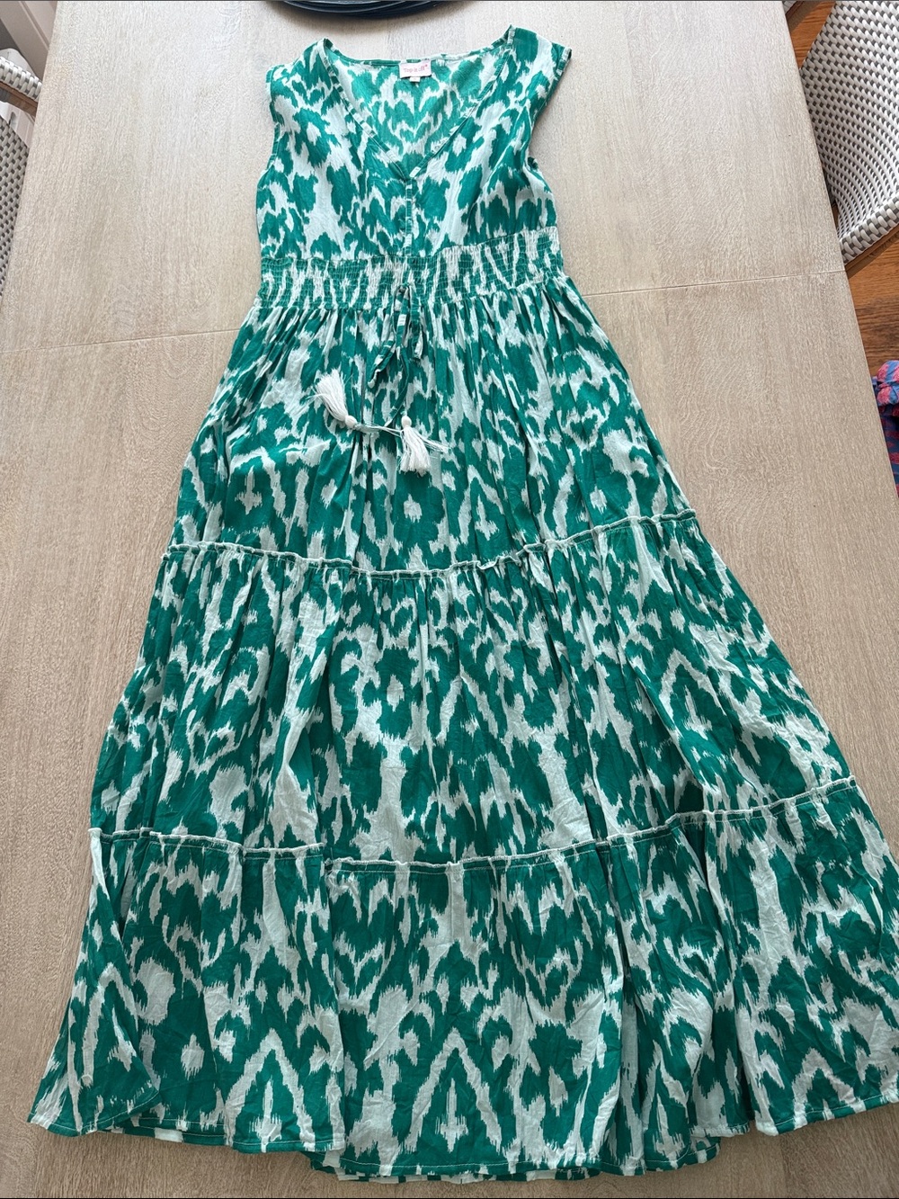 Green Ikat Maxi Dress with Smocked Waist